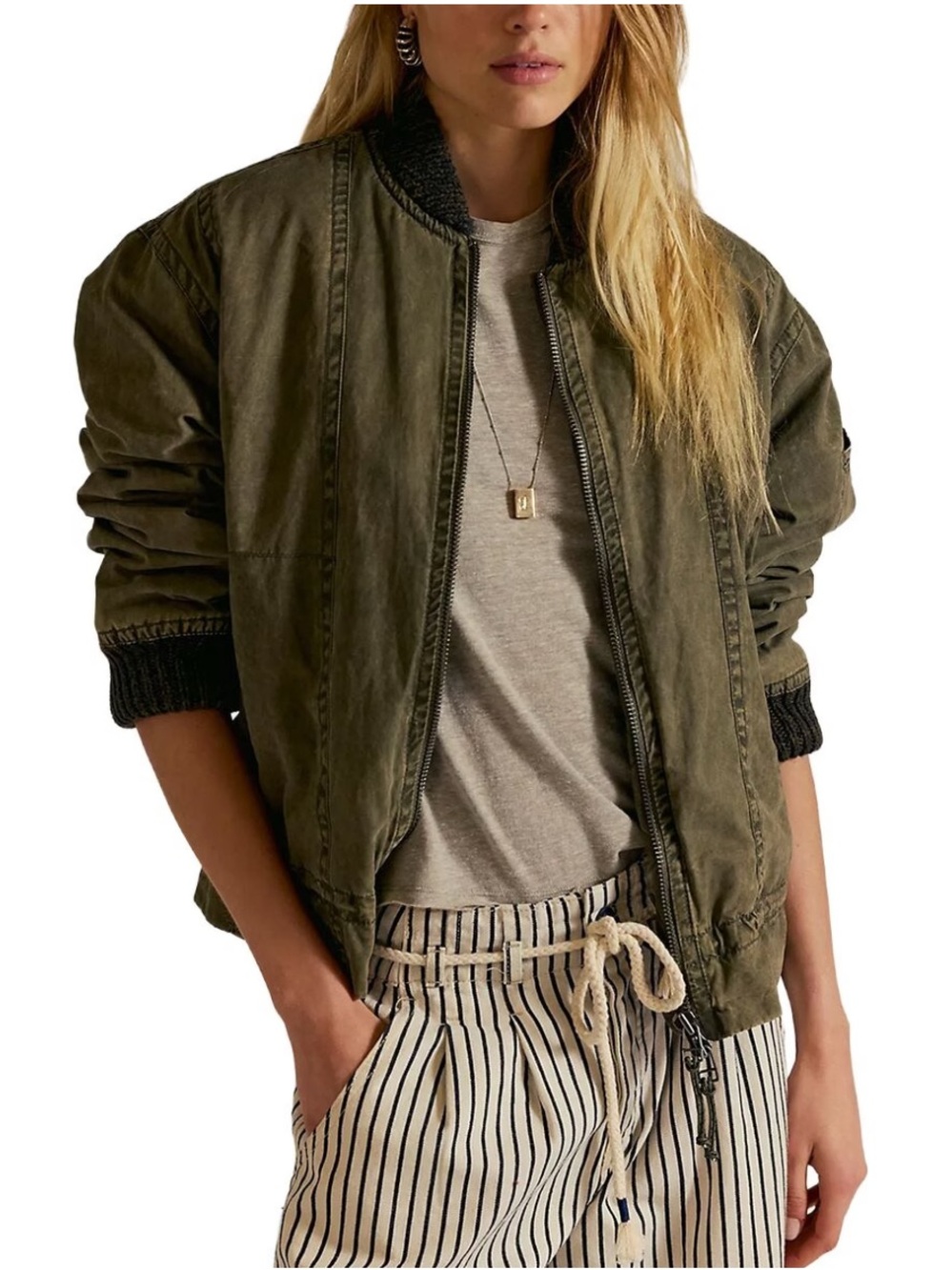 Free People We The Free Jax Washed Bomber Jacket Olive